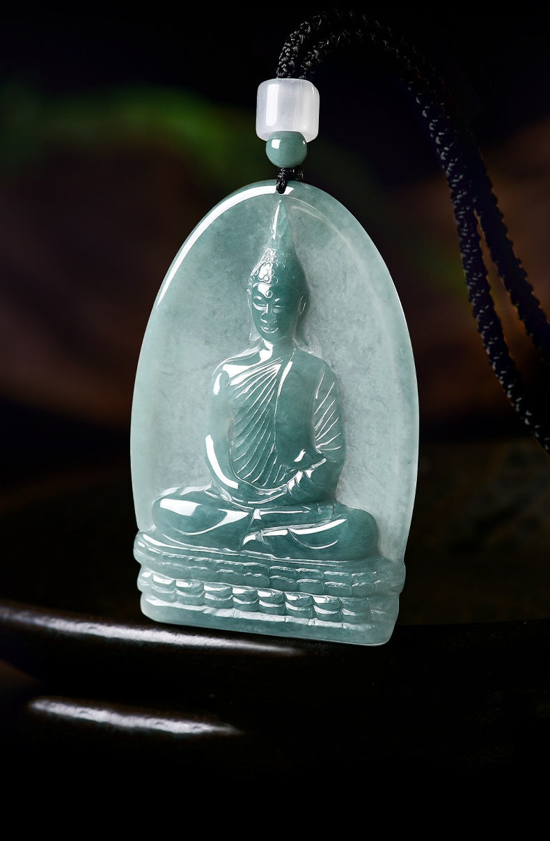 Natural Icy Jadeite Shakyamuni Buddha Pendant Thai Style Zen Necklace