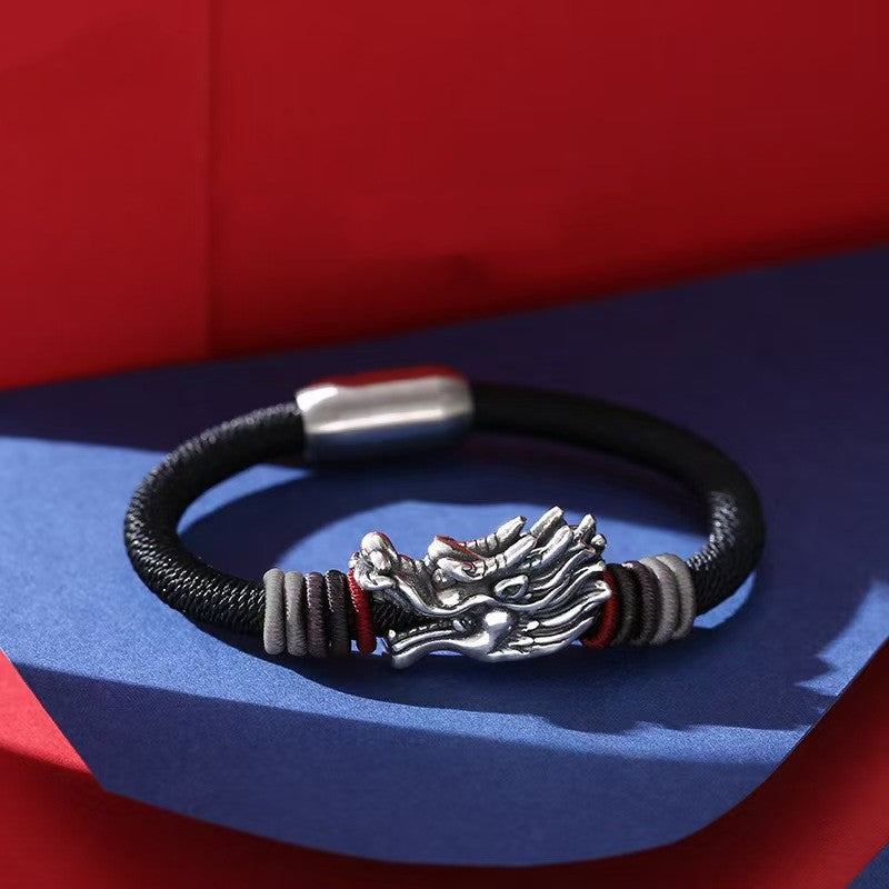 Men's Sterling Silver Dragon Head Handmade Rope Bracelet-Protection&Luck