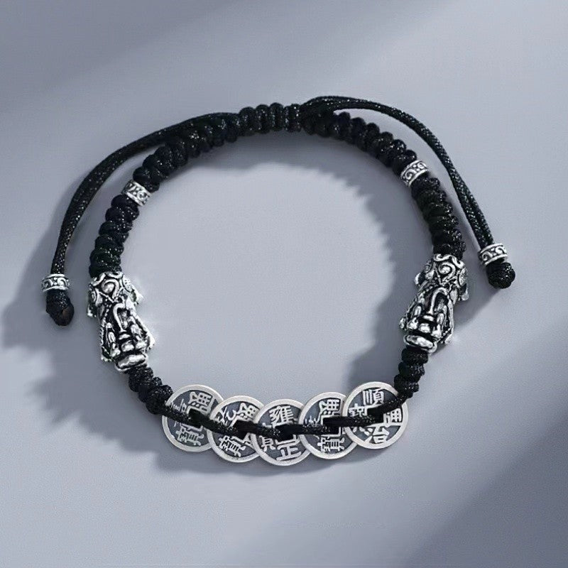 Five Emperors Coins Double Pixiu Handmade Rope Bracelet-Traditional Good Fortune Symbol