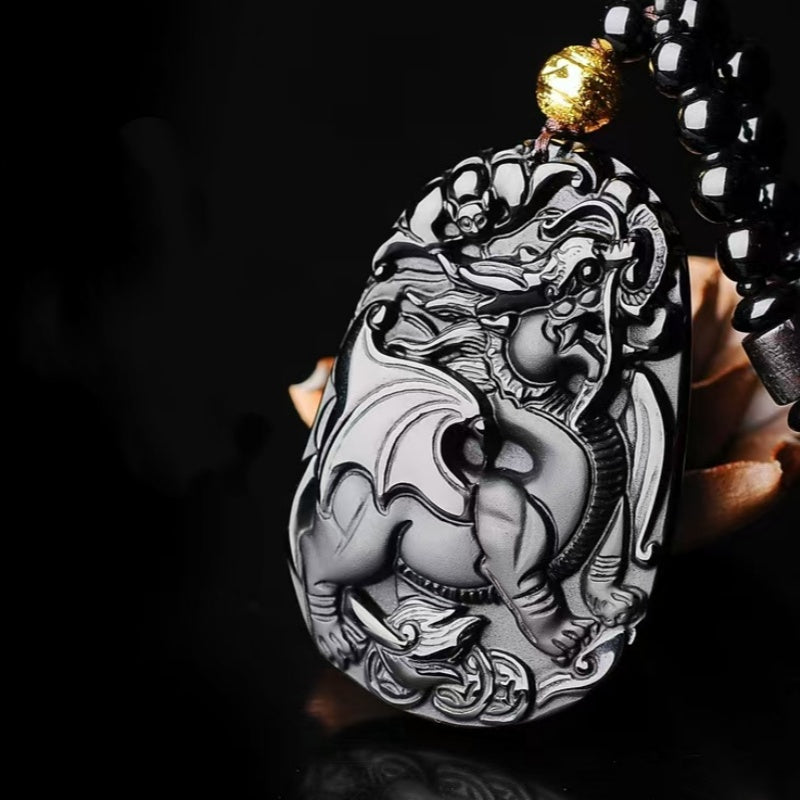 Black Obsidian Flying Pixiu Pendant – Hand-Carved Guardian of Wealth & Power