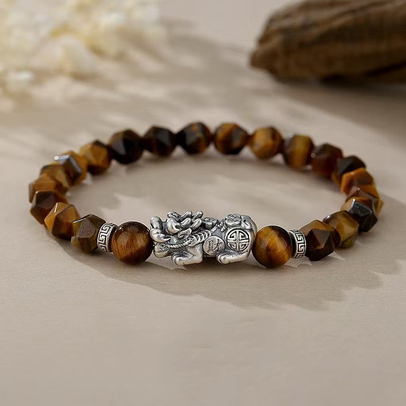 Tiger Eye Stone Silver Pixiu Bracelet-Traditional Prosperity Symbol