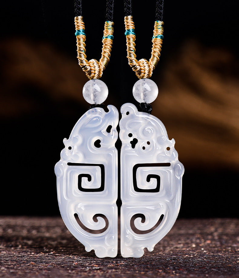 The Eternal Bond: Yin & Yang White Agate Dragon & Phoenix Pendants (Pair)