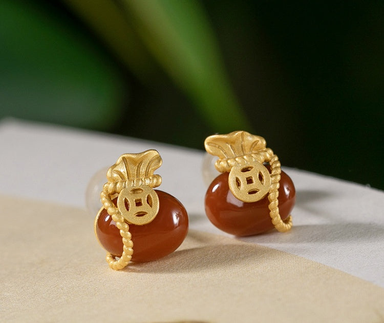 Red Agate Fortune Bag Earrings ¨C 18K Gold-Plated Sterling Silver Studs