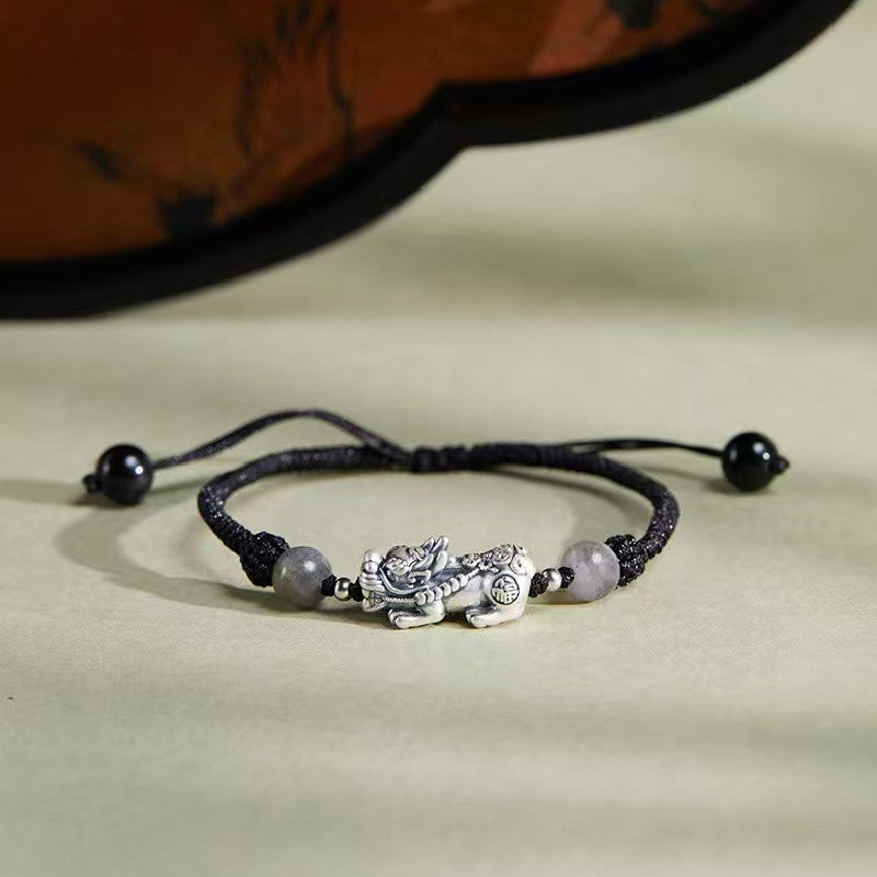 999 Silver Pixiu Moonstone Bracelet-Prosperity & Inner Peace