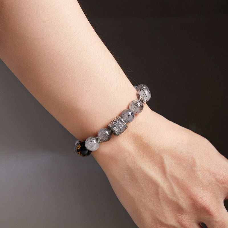 Six-Word Mantra Black Agate & Quartz Beaded Bracelet-Inner Calm
