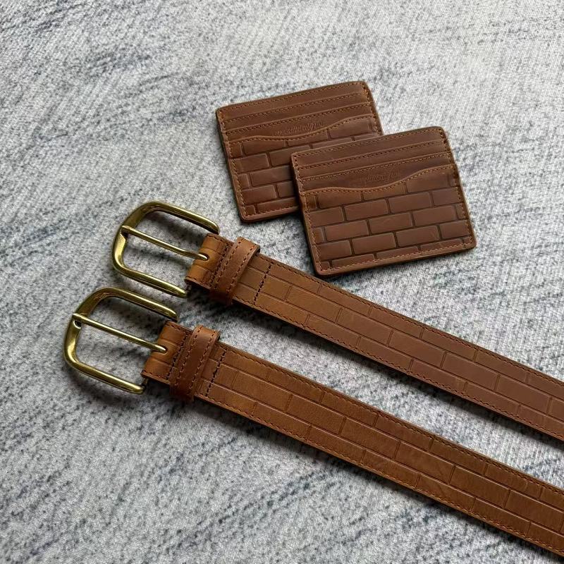 Brick-Embossed Leather Belt Set - Tan/Cognac