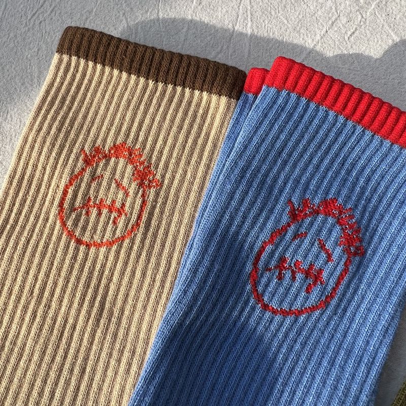 Color Block Crew Socks with Embroidered Face