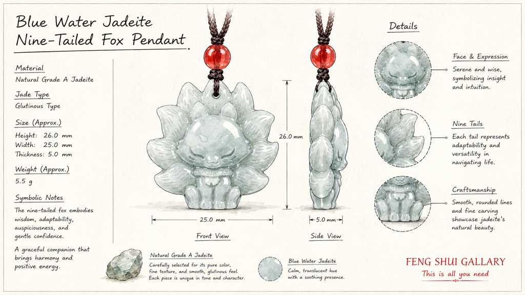 Nine-Tailed Fox Jadeite Pendant-Wisdom. Adaptability & Confidence