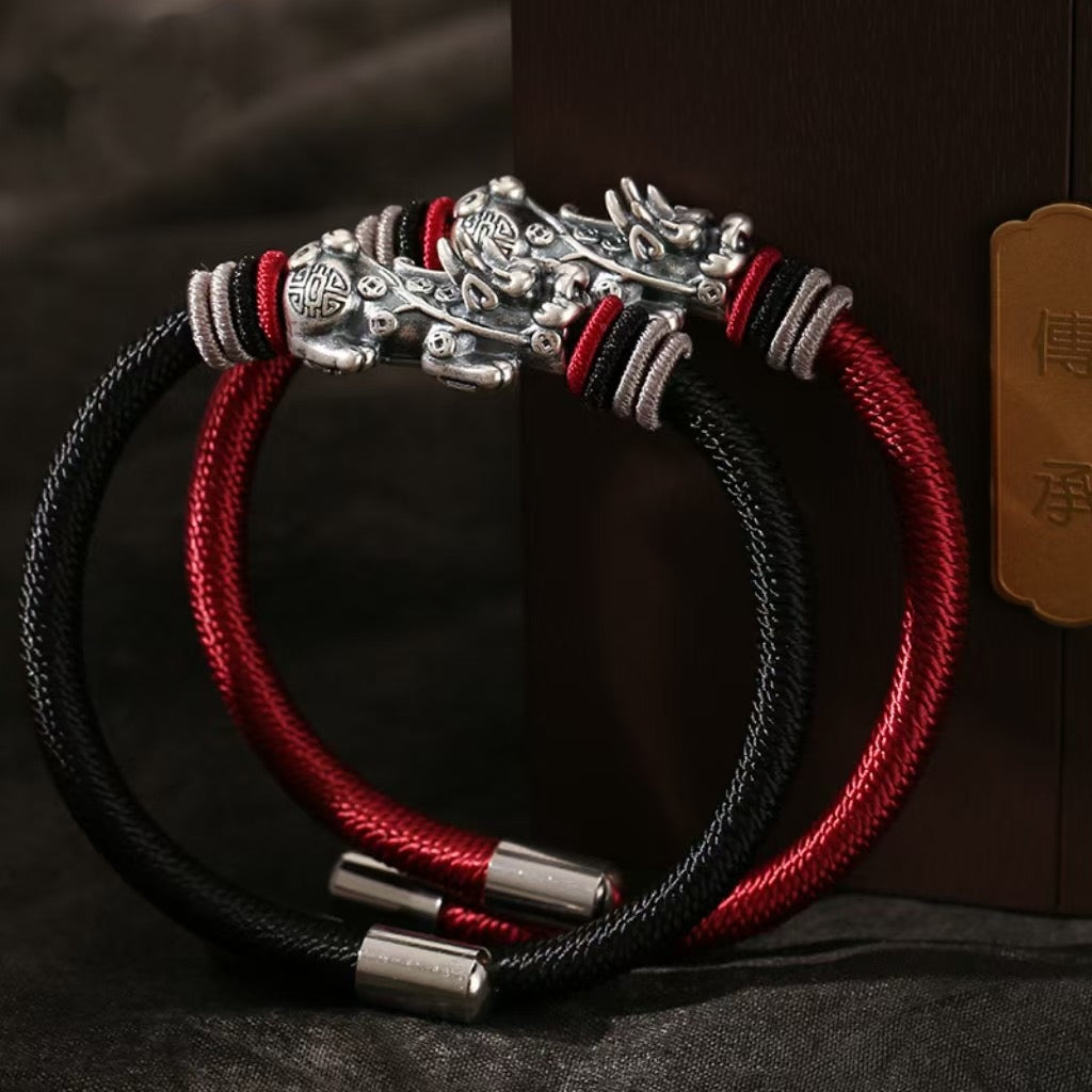 999 Silver Pixiu Handmade Rope Bracelet-Attract Luck