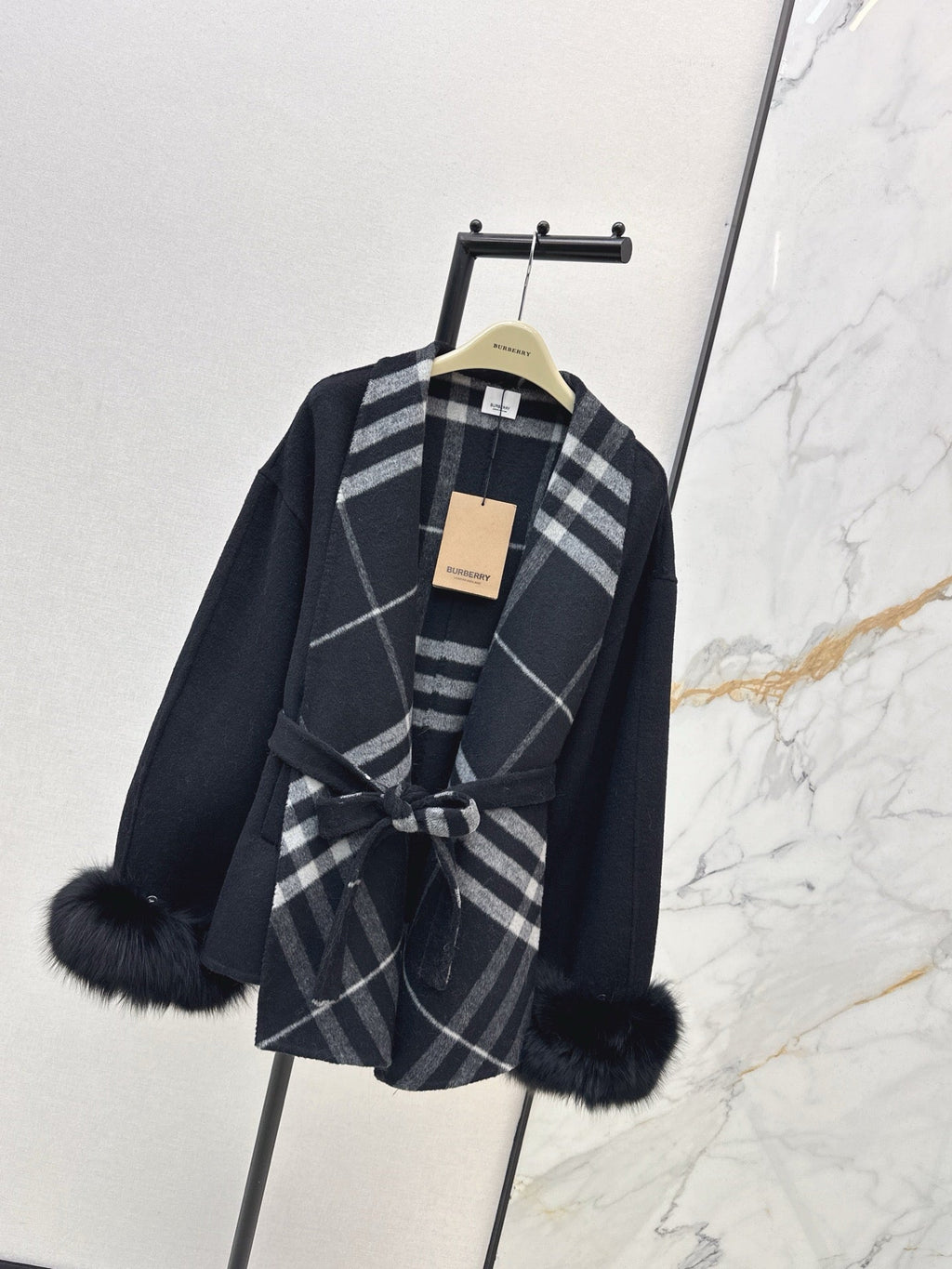 Check Panel Belted Wool Cardigan Coat