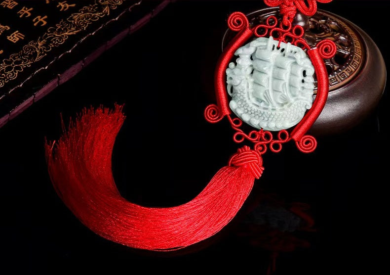 Jade Dragon Boat Car Hanging Ornament â€?Safe Journey & Success Charm with Red Tassel