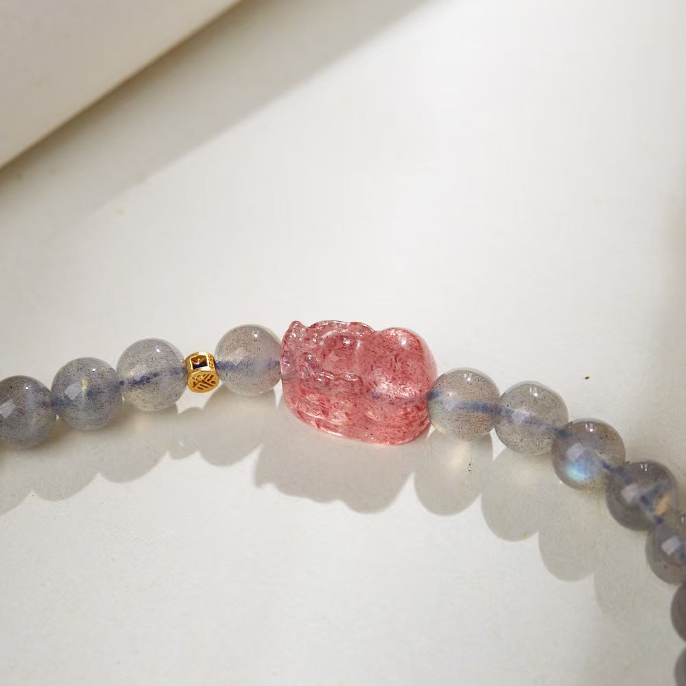 Strawberry Quartz Pixiu Moonstone Bracelet-Traditional Good Fortune Symbol