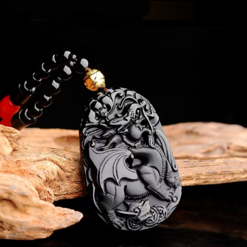 Black Obsidian Flying Pixiu Pendant – Hand-Carved Guardian of Wealth & Power