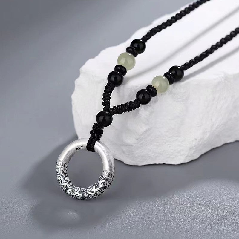 Lucky Clouds Black Agate Bead 999 Silver Pendant-Prosperity Luck