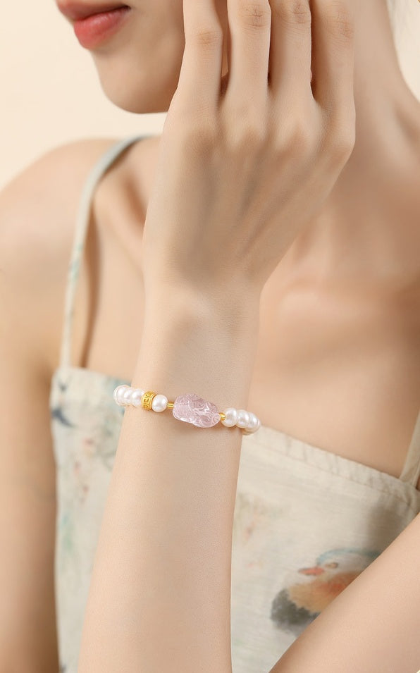 Rose Quartz Pixiu Bracelet with Pearls â€?925 Silver Fortune & Peace Charm