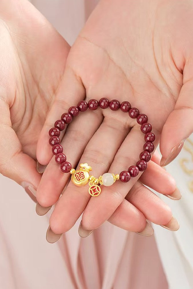 Gold Money Bag Cinnbar Beads Bracelet-Traditional Good Fortune Symbol