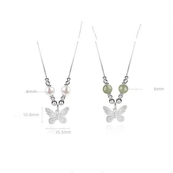 Butterfly Jade Beads Silver Necklace-Transformation and Prosperity