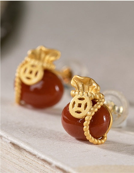 Red Agate Fortune Bag Earrings ¨C 18K Gold-Plated Sterling Silver Studs