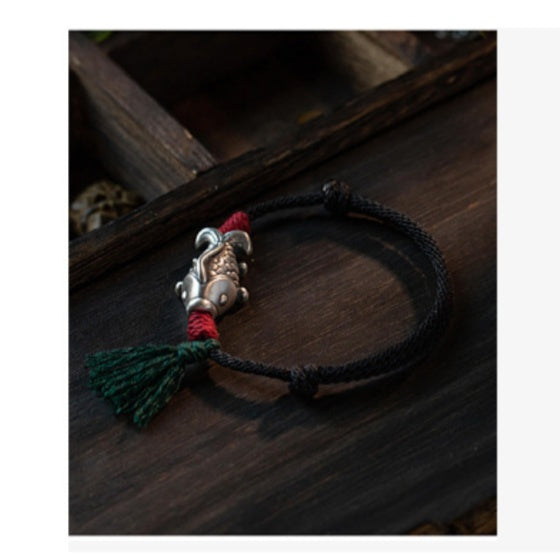 Silver Koi Woven Cord Bracelet ¨C Luck. Perseverance & Smooth Success