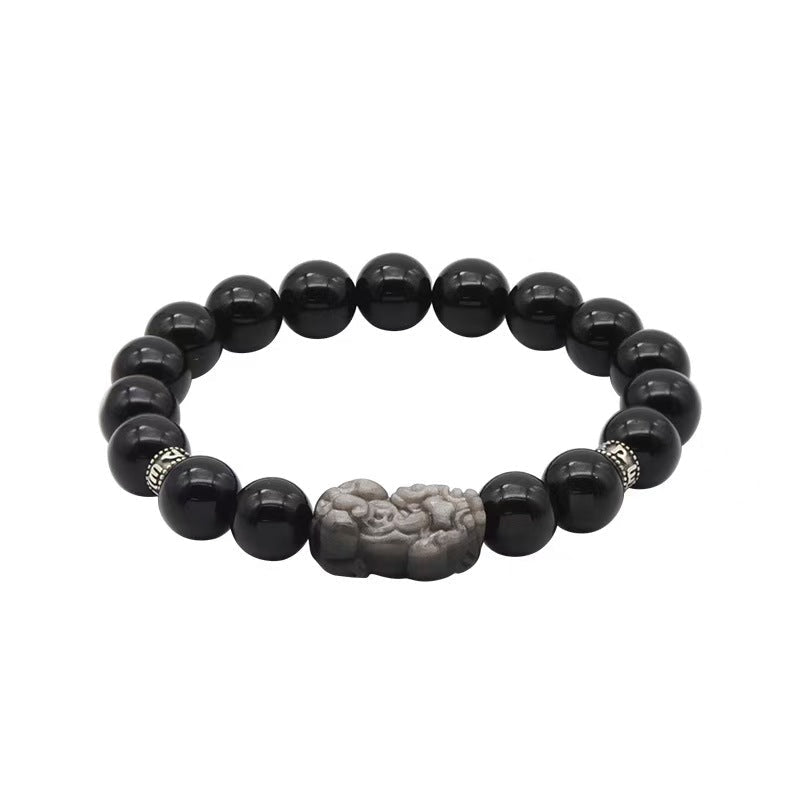 Silver Obisidian Pixiu Six True Words Bracelet-Traditional Good Fortune Symbol