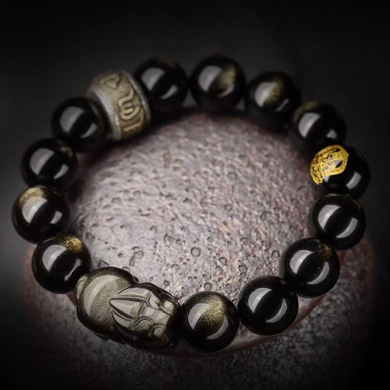 Obisidian Pixiu Six True Words Bracelet-Traditional Good Fortune Symbol