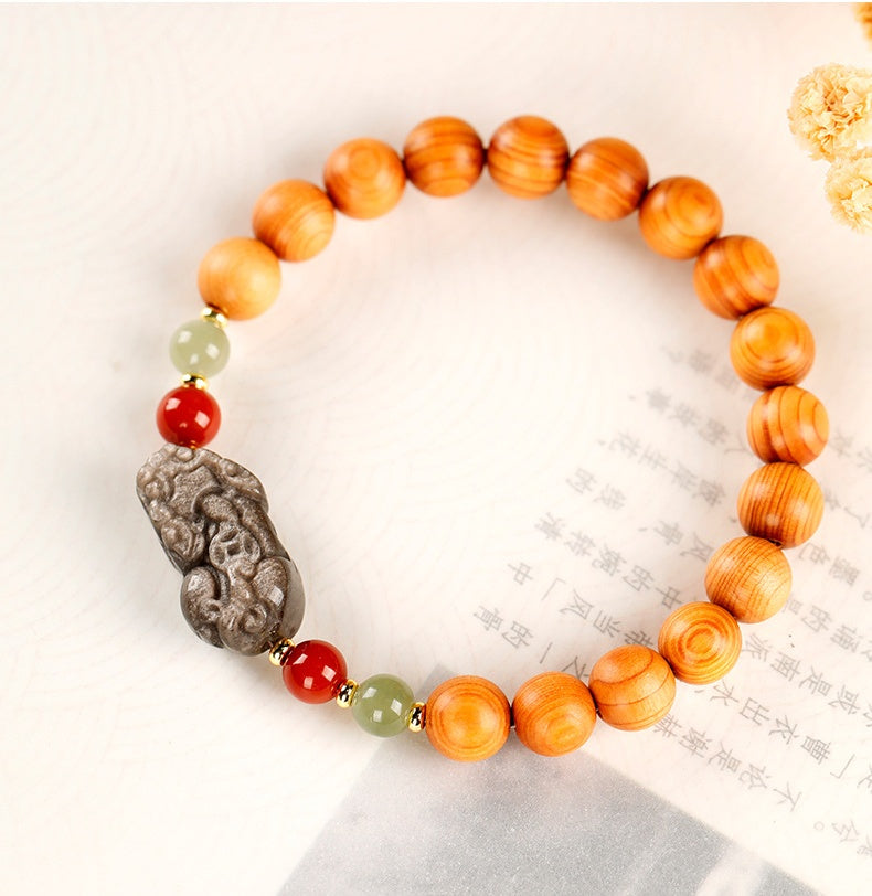 Thujawood Bracelet with Silver Obsidian PiXiu-Calm Strength & Wealth Protection