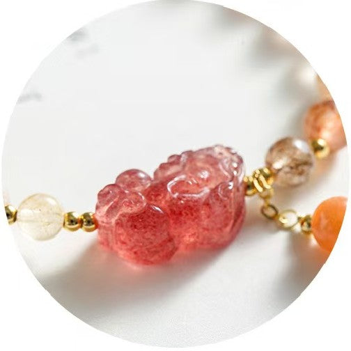 Strawberry Quartz Pixiu Rutilated Quartz Bracelet-Traditional Good Fortune Symbol