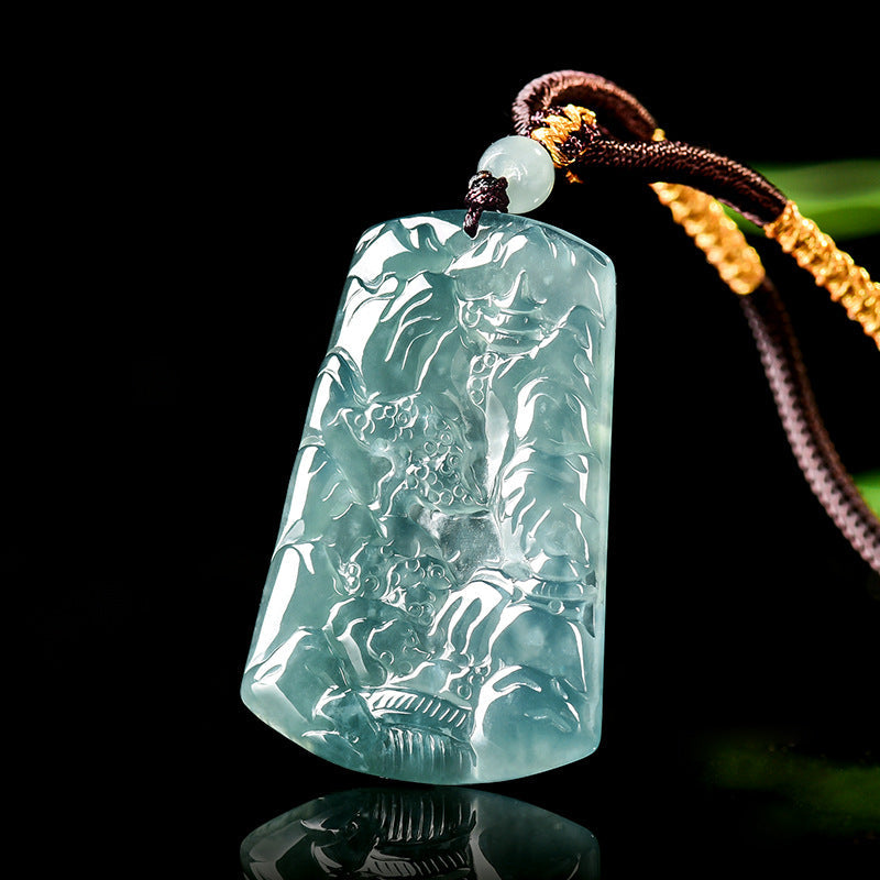 Blue Jadeite Landscape Pendant – Natural A-Grade Glutinous Variety Jade Carving-grade a jade