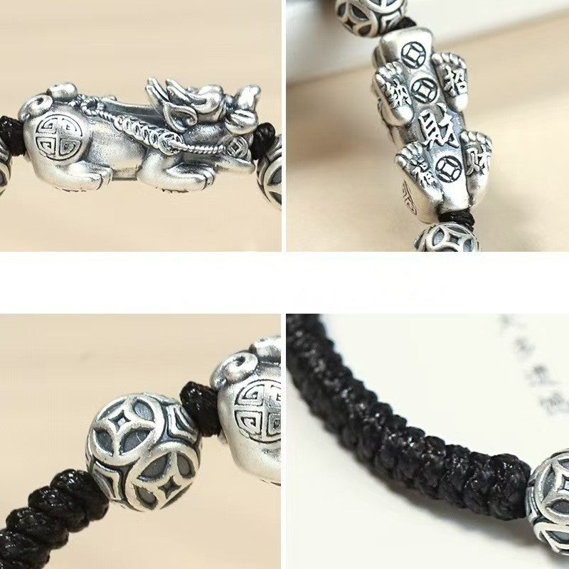 Silver Pixiu Vintage Coin Bead Bracelet-Traditional Good Fortune Symbol