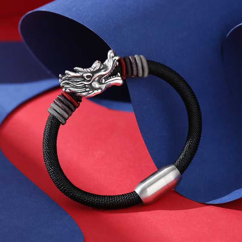 Men's Sterling Silver Dragon Head Handmade Rope Bracelet-Protection&Luck