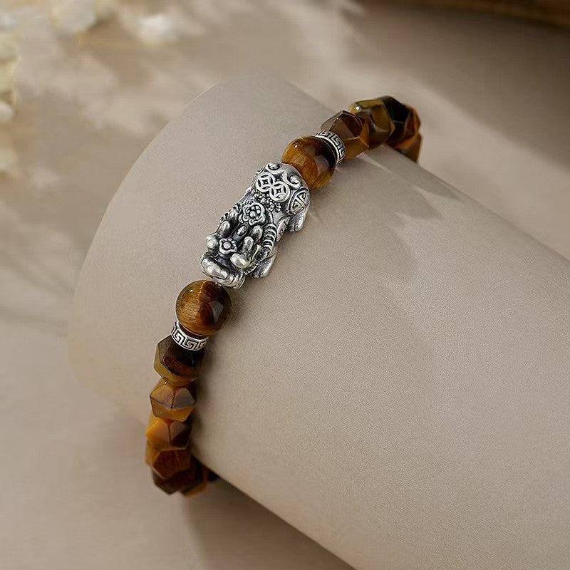 Tiger Eye Stone Silver Pixiu Bracelet-Traditional Prosperity Symbol