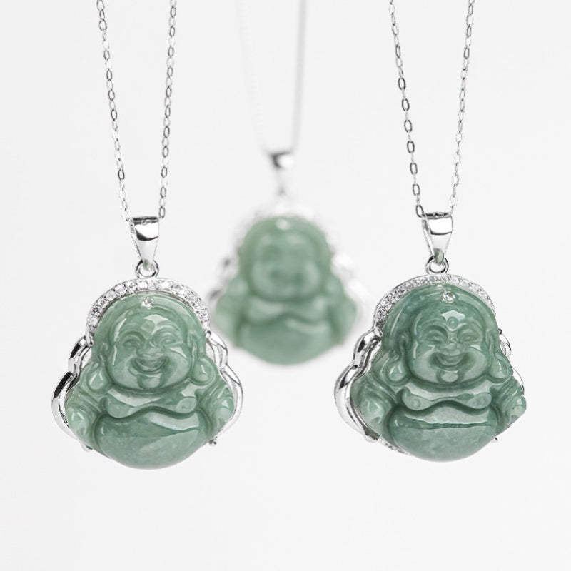 Grade A Jade Laughing Buddha Pendant – Women's S925 Silver Mounted Bean-Type Jade Amulet