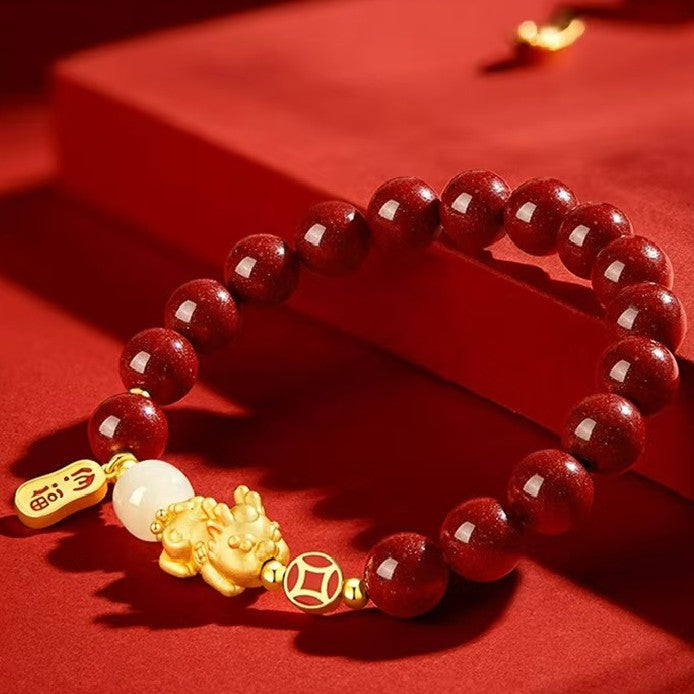 Gold Pixiu Red Cinnbar Beads Bracelet-Traditional Good Fortune Symbol