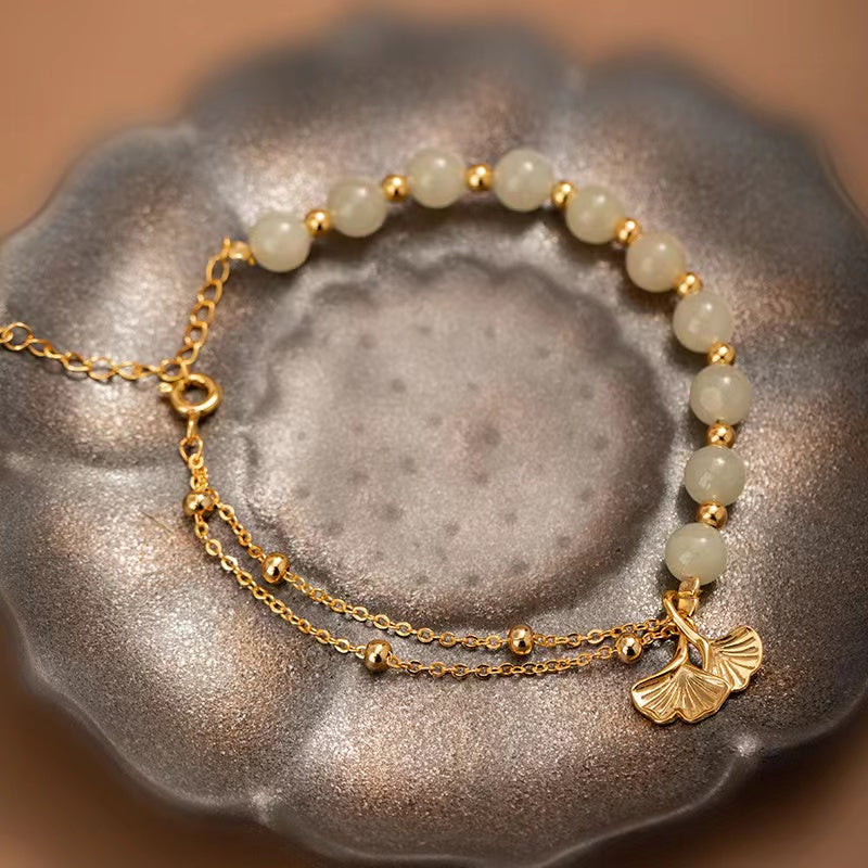 Apricot leaves Jade Beads Women Silver Bracelet-Prosperity