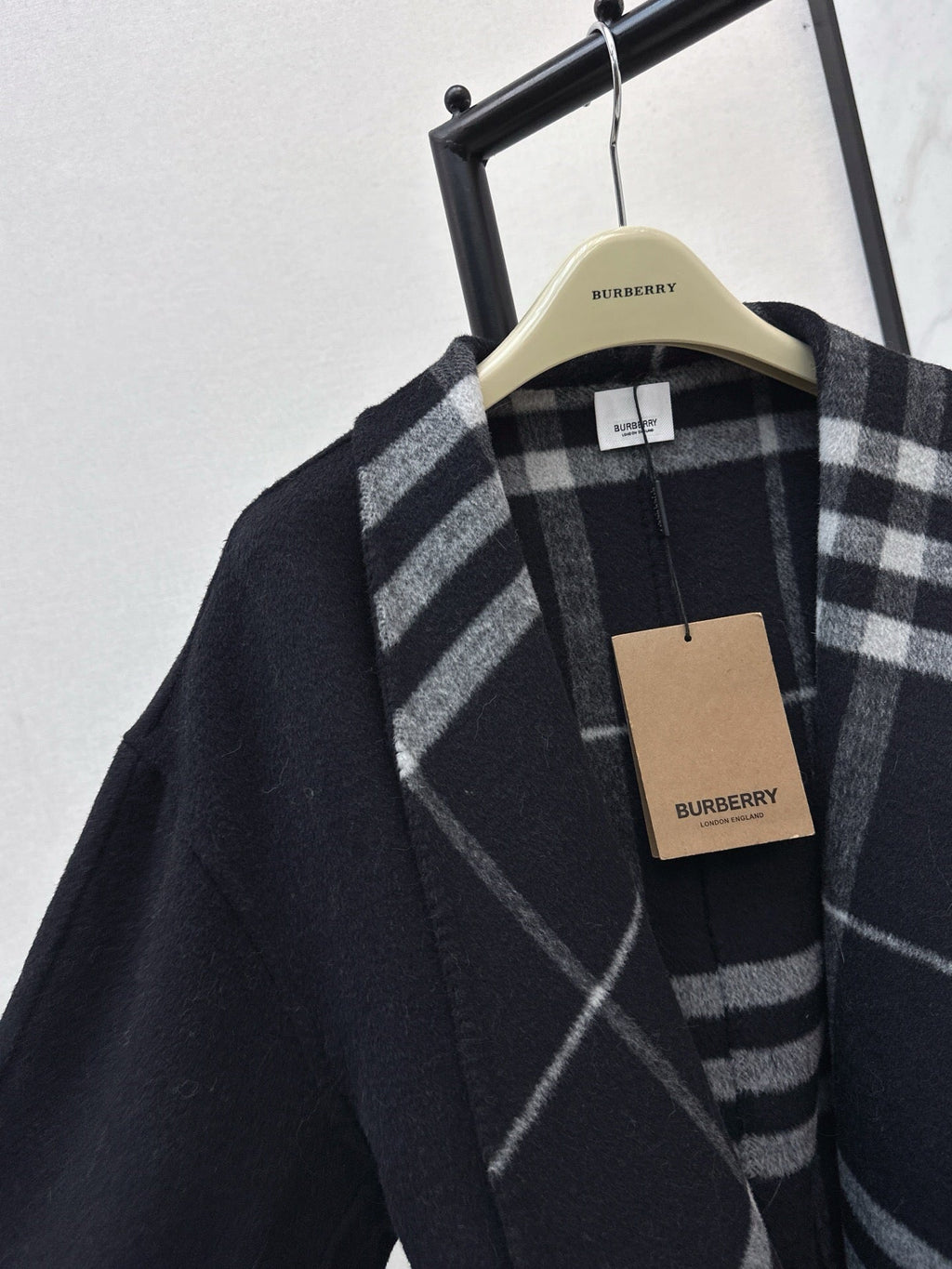 Check Panel Belted Wool Cardigan Coat