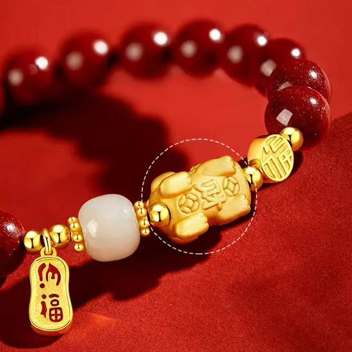 Gold Pixiu Red Cinnbar Beads Bracelet-Traditional Good Fortune Symbol