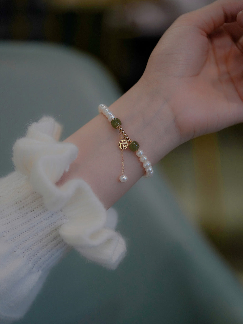 Natural Pearl Bracelet-Green Jade Beads Fu
