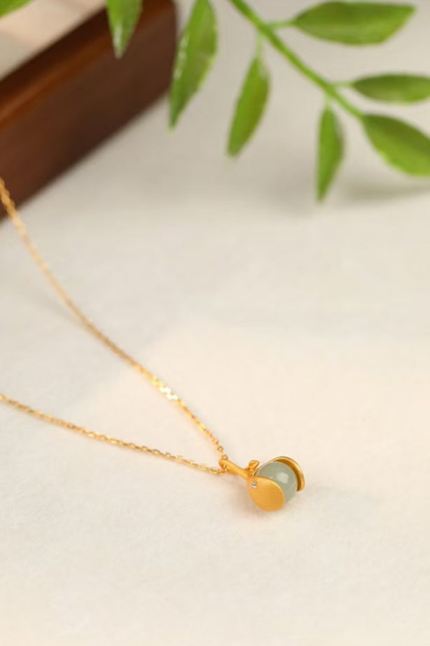 Gentle Essence Hetian Jade Pendant Necklace¨C S925 Sterling Silver with Ancient Gold Finish