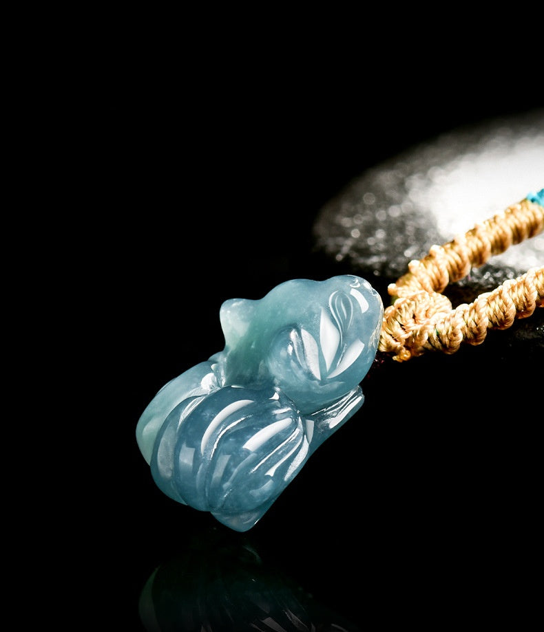 Natural Blue Jadeite Nine-Tailed Fox Pendant ¨C A Jade Ice Variety Carving