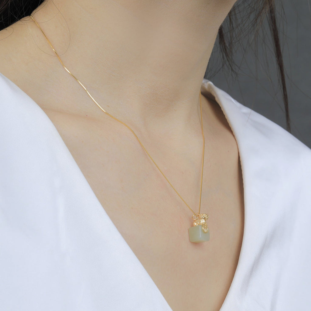 Gold-Plated Pixiu White Nephrite Jade Pendant Necklace-Grounded Opportunity