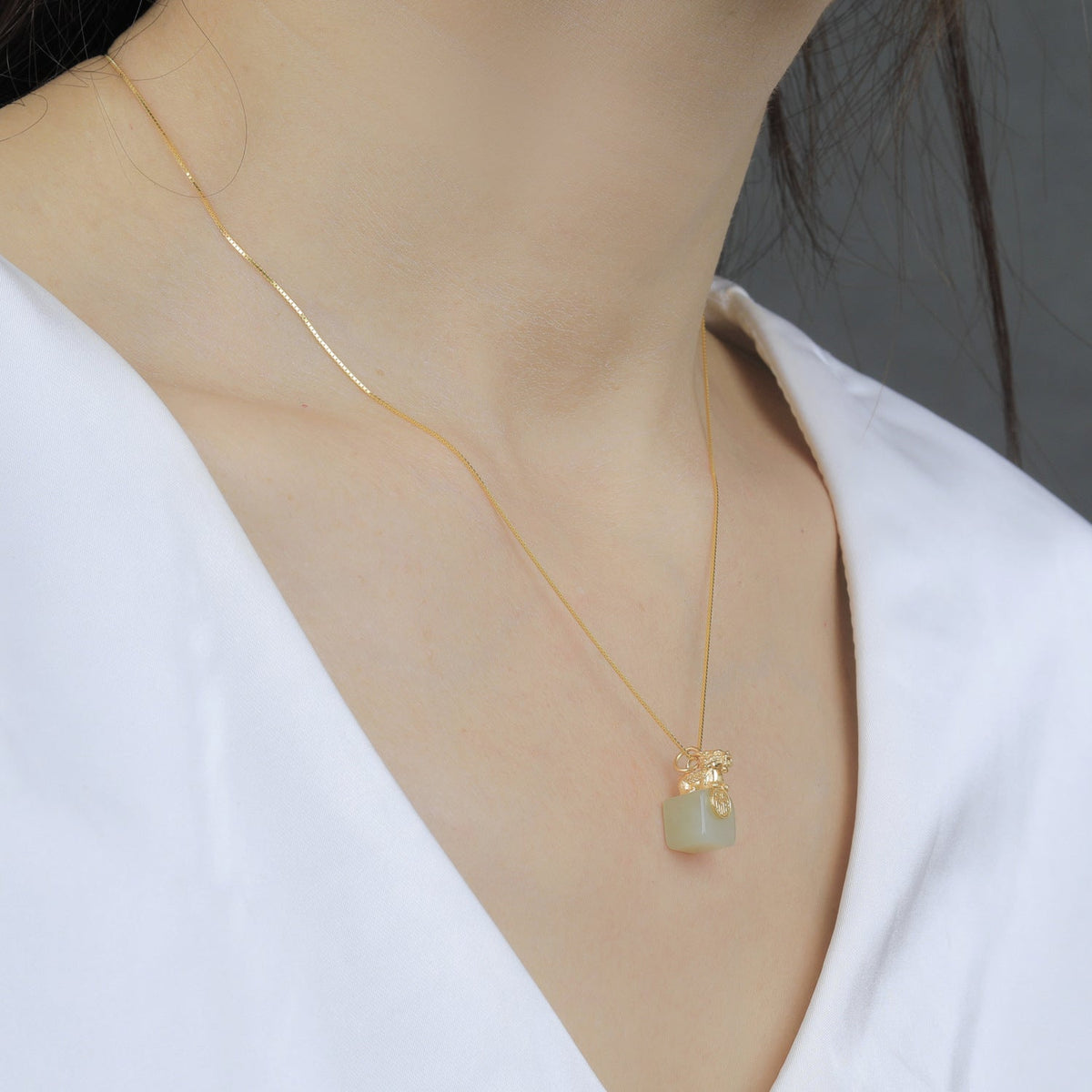 Gold-Plated Pixiu White Nephrite Jade Pendant Necklace-Grounded Opportunity