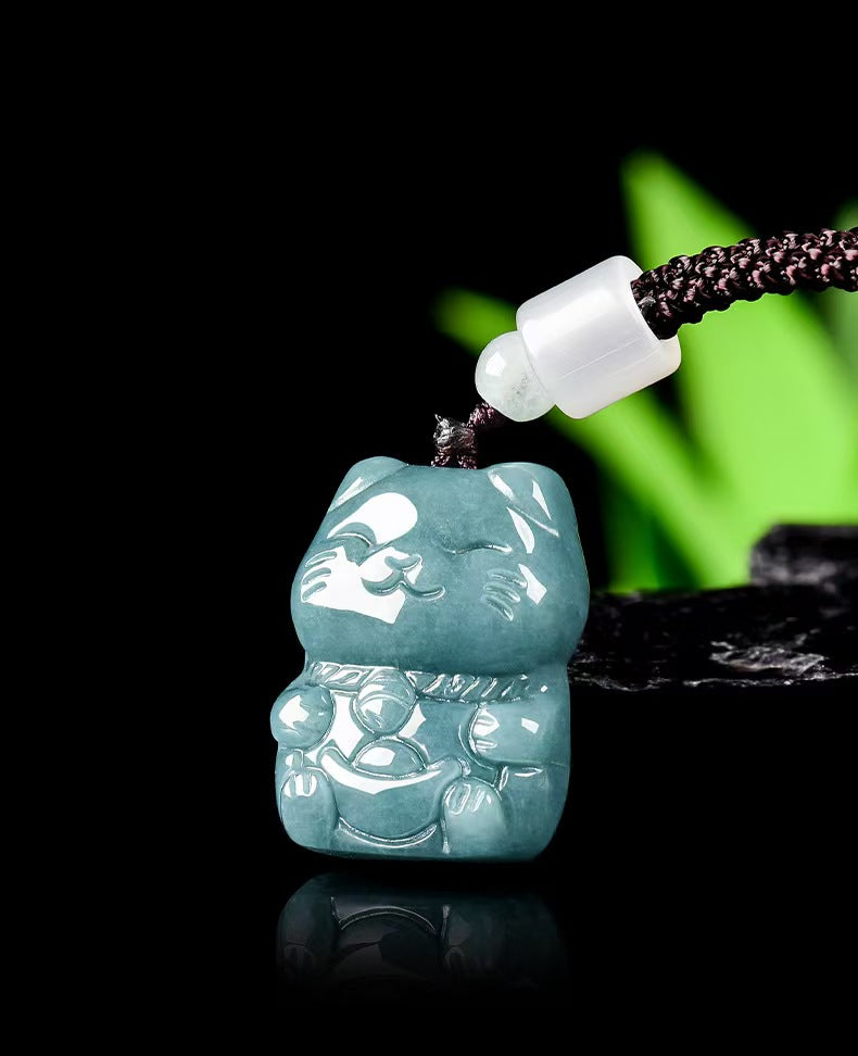 Blue Jade Wealth Cat Pendant – Prosperity. Fortune & Joy