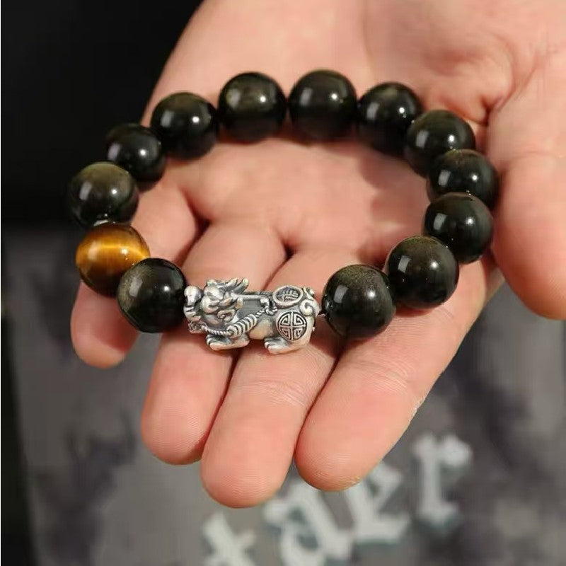 999 Silver Pixiu Gold Obsidian Bracelet-Traditional Good Fortune Symbol