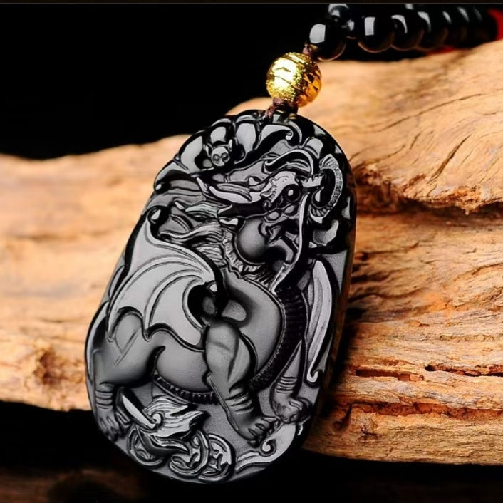 Black Obsidian Flying Pixiu Pendant ¨C Hand-Carved Guardian of Wealth & Power