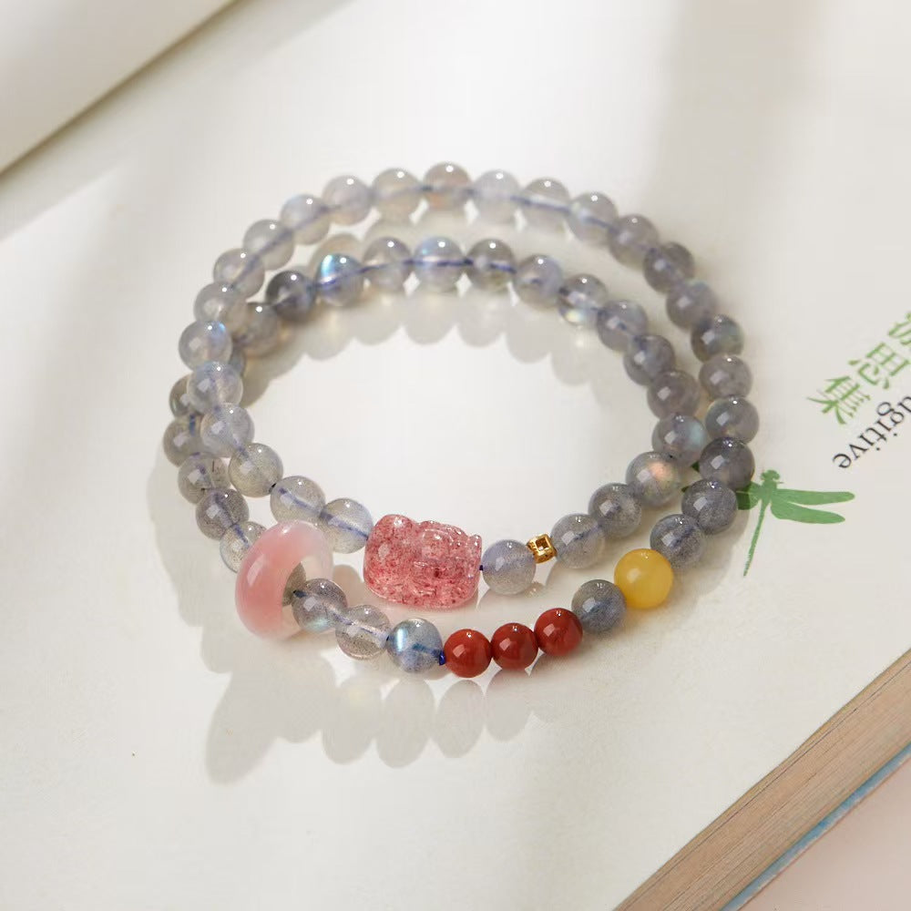 Strawberry Quartz Pixiu Moonstone Bracelet-Traditional Good Fortune Symbol