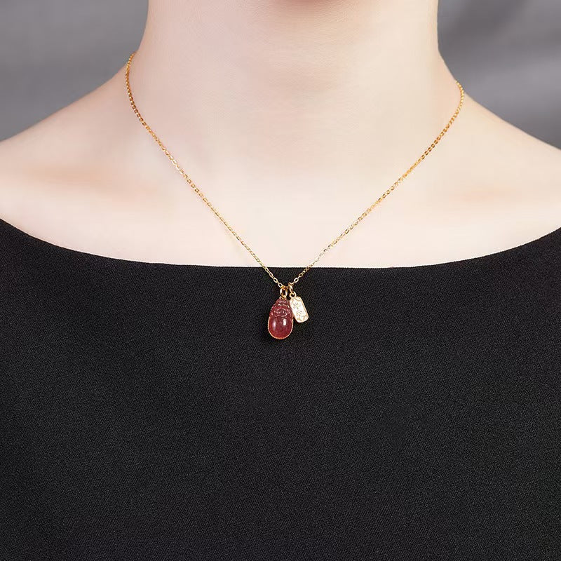 Strawberry Quartz Pixiu & Peace Amulet Pendant Necklace-Good Fortune & Peace Symbol
