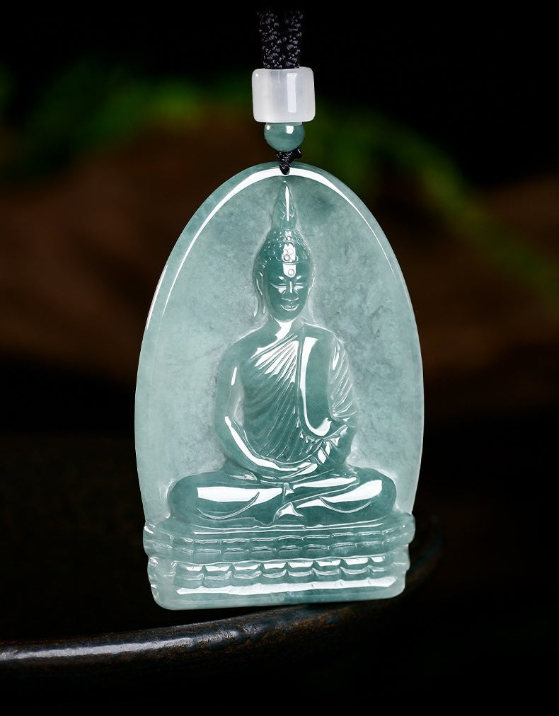 Natural Icy Jadeite Shakyamuni Buddha Pendant Thai Style Zen Necklace