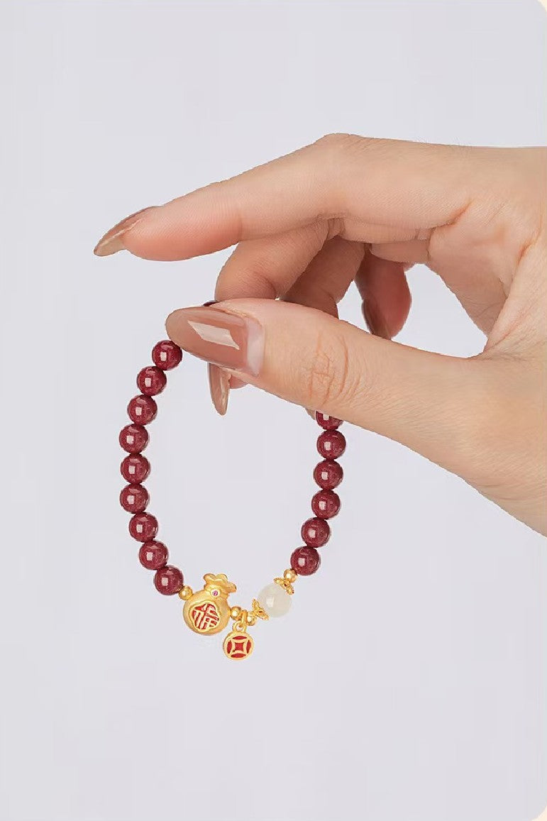 Gold Money Bag Cinnbar Beads Bracelet-Traditional Good Fortune Symbol