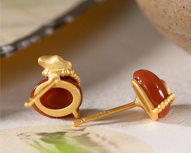 Red Agate Fortune Bag Earrings ¨C 18K Gold-Plated Sterling Silver Studs