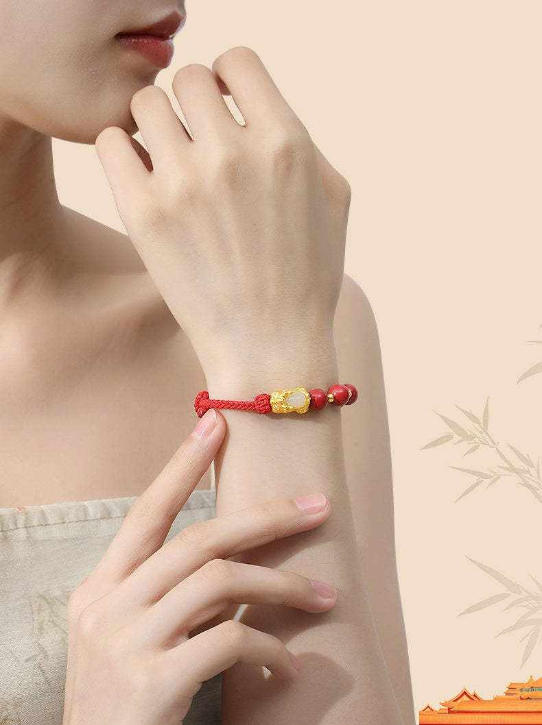 Pixiu Baby Bracelet with Cinnabar & Hetian Jade¨CFortune Peace & Protection